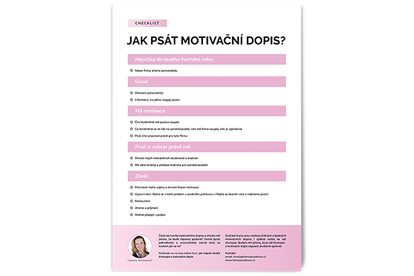 Checklist od kariérního poradce Tereza Ščerbová jak psát motivační dopis